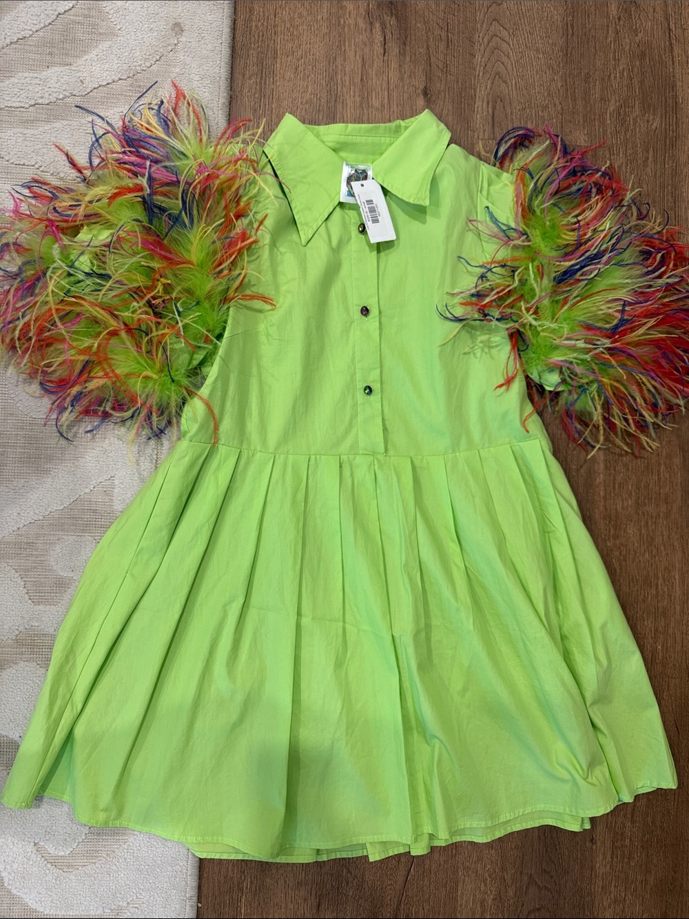 NWT QUEEN OF SPARKLES Neon Lime Mini Dress with Multicolor Feather Sleeves
